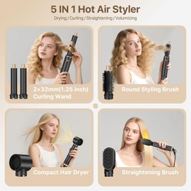 Sendowtek Hot Air Styler Brush Set for Women 5 in 1, 800W 3 Level Temp Hairdryer Comb for Rotating Curling Straightening Volumize Auto Wrap Curler Multi-Styler Hair Styling Tools for All Hair Home