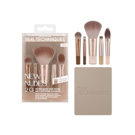 Real Techniques New Nudes On The Glow - Juego de 6 piezas con espejo compacto, juego de brochas de maquillaje de viaje para contorno, corrector, rubor