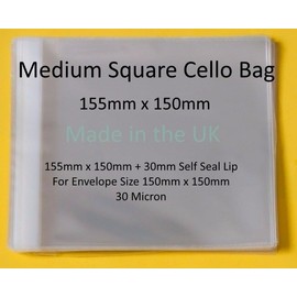 celloexpress 155mm x 150mm + 30mm Flap - Cellophane Greeting Card Display Bags 30 Micron Self Seal - Medium Square - Pack of 50