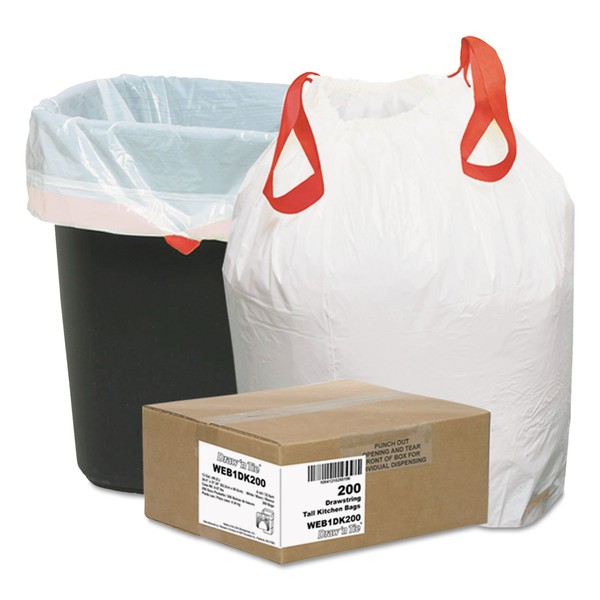 Webster Bulk Tall Kitchen Drawstring Trash Bags, White, 13 Gallon, 0.9 Mil, 200/Box