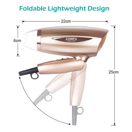 Portable Travel Hair Dryer, CONFU 1600W Lightweight Blowdryer with Folding Handle Small Ionic Ceramic Tourmaline BlowDryer, Compact Size Lightweight Blow Dryers for Pregnancy Kids Use （Golden）