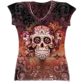 Made in USA - Sugar Skull Shirts for Women, V Neck T Shirt Tee, Beautiful Quality Print Decorated with Rhinestones