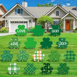 16 PCS St Patricks Day Yard Signs, 16 Styles Shamrock Shape Yard Signs with Stakes, Weatherproof Green Plaid Glitter Lucky Clover Lawn Signs Outdoor for St. Patrick's Day Irish Home Lawn Patio Decor