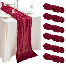 6 Pieces Burgundy Cheesecloth Table Runner 10ft, Boho Gauze Fabric Table Runner for Wedding Bridal Baby Shower Spring Table Birthday Decor