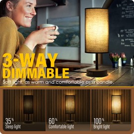 Yarra-Decor Bedside Lamp with USB Port - Touch Control Table Lamp for Bedroom 3 Way Dimmable Nightstand Lamp with Round Black Fabric Shade for Living Room, Dorm, Home Office (LED Bulb Included)