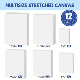 FUMILE Stretched Canvas for Painting, Blank Canvases for Painting Multi 12 Pack 3x5, 5x7, 8x10, 9x12, 11x14, 12x16 (2 of Each), Primed Acid Free Painting Canvas for Beginners & Artists.