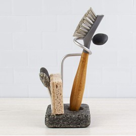 Sea Stones Splash Sponge and Brush Holder - Heavy Granite Base Kitchen Sink Caddy - Eco-Friendly Handmade Granite and Aluminium Organizer - One-Handed Grab & Quick-Dry Design - Made in USA