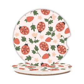 Pink Ladybug Strawberry Car Coasters,Ceramic Absorbent Cup Holders with Finger Notch & Cork Base Car Assecories for Women/Men 2.6"(2 Pieces)
