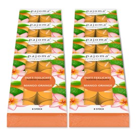 pajoma® Tea Lights Pack of 8, Mango Orange | 64 Scented Tea Lights in Polycarbonate Case, Burning Time Approx. 4 Hours - Height 1.5 cm Diameter 3.5 cm | Premium Quality | Decoration, Catering,