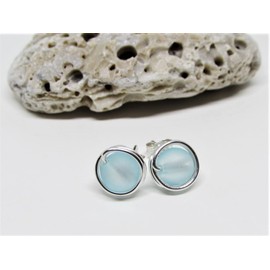 Tiny Aqua Blue Sea Glass Stud Earrings- Sterling Silver or 14K Gold Filled Posts- Wire-Wrapped Beach Jewelry for Women