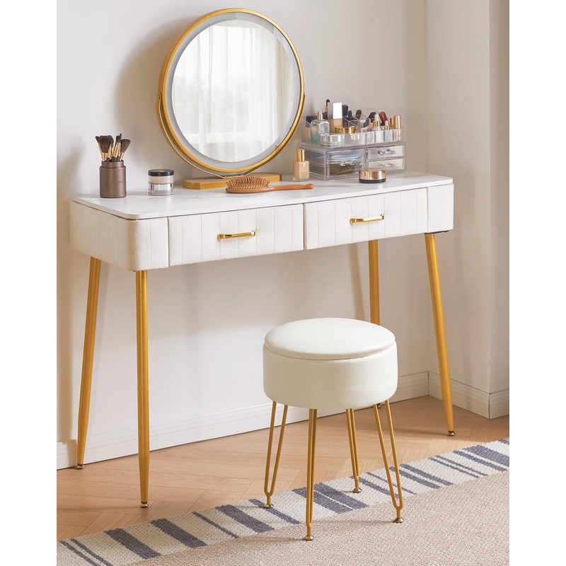 IBUYKE Faux Leather Round Footrest Stool with Storage Ottoman, Makeup