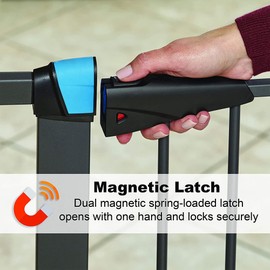 MidWest Homes for Pets 39 Inches Tall Walk-Though Steel Pet Gate, Pressure Mounted Dog Gatewith Glow Strip Measures 29-38 Inches Wide & Includes Two 3-Inch-Wide Extensions, Graphite