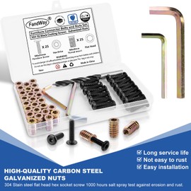 FandWay 30 Sets M6x25mm Furniture Screw Nut,M6x20mm Threaded Inserts for Wood,Connector Bolts and Nuts Set,Flat Head Allen Screw-in Nuts,Hex Socket Drive with Wrenches and Drill Bit.