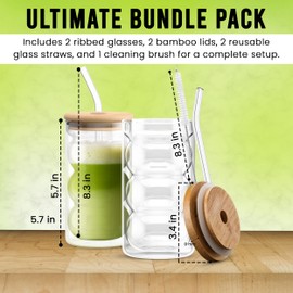 HAPPY PATH & CO. - 2 Glass Cups with Lids and Straws 16oz (480ml) | Glasses Drinking Set | Glass Tumbler with Straw and Bamboo Lid | Ribbed Bubble Glass Cups for Matcha, Coffee and Other Smoothies