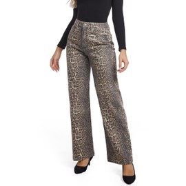 ETTELO Women's Jeans Straight Leg Casual High Waisted Stretch Trendy Leopard Pull On Jeans for Women