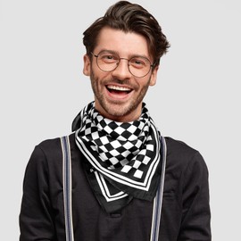 EIysee 27.5''× 27.5'' Vintage Silk Feel Square Scarf for Men, Multicolored Patterned Scarf ，Neckerchief Geometry Head Scarf(Grid - Black and White)