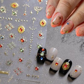 Jremg Retro Gold Nail Art Stickers 5D Embossed Jelly Nail Decals Luxury Sun Moon Star Nail Art Design Self-Adhesive Luxury Necklace Pendant Jewelry Nail Accessories for Women Nail DIY