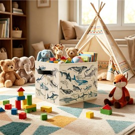 Ocean Whale Shark Nursery Storage Bins Box,Coastal Beach Shark Foldable Storage Basket Organizer for Kids Bedroom Playroom Bathroom Office Clothes Toys Books,Toybox for Boys Girls Room Decor