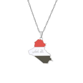 LUTAKU Iraq Map and Flag Necklace for Women Men, Iraqi Necklace Pendant Charm, Stainless Steel Map Jewelry Accessories (silver)