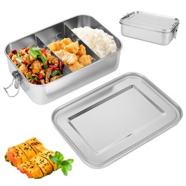 PCXWTLN Stainless Steel Lunch Box, 1400ml Bento Box with 2 Removable Compartments, Eco-Friendly Metal Lunch Box, Food Storage Containers, Leak-Proof and Dishwasher Safe (1400ml + 2 Compartments)