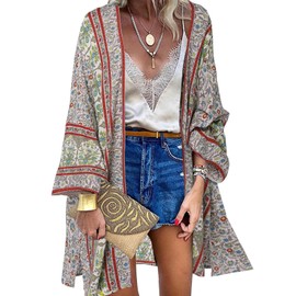 ZANZEA Women's Kimono Cardigan 3/4 Sleeve Chiffon Floral Print Bohemian Beach Cover up Shawl Tops Alpha Pink S