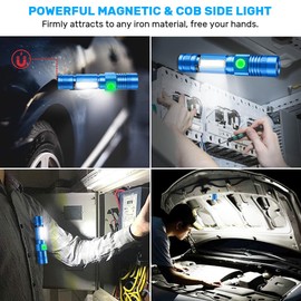 Spriak Rechargeable LED Flashlights, Magnetic Flashlight Super Bright Tactical Flashlight with SideLight,USB Rechargeable,Zoomable,Waterproof Best Small Flashlight for Camping, Emergency Blue