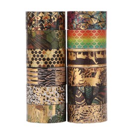 Animal Stripes Washi Tape Set 12 Rolls 15 mm Wide Gold Foil Printed Animal Stripes Pattern, Japanese Masking Tape (3 m), Decor for Scrapbook, Bullet Journal, Scrapbooking Supplies