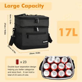 Kato Tirrinia 17L Insulated Lunch Bag for Women Men, Dual Compartment Lunch Cooler Tote for Office Work, Leakproof Thermal Reusable Lunch Box for Adult Student Children Kids, Black