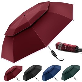 Urvoix Travel Umbrella Compact Windproof - Ventilation Umbrella with Double Dome for Rain, Portable Umbrella Inverted Automatic Opening and Closing with Reflective Strips, red