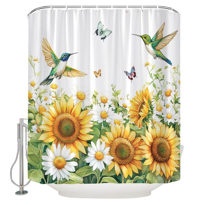 Rustic Sunflower Shower Curtain Watercolor Hummingbird Retro Yellow Flower Green