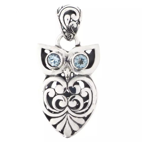FifiRose 925 Sterling Silver Owl Bali Scroll Blue Topaz Bird