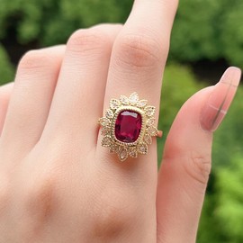 Mnyixsi Vintage Gold Crystal Ring for Women Crystal Cubic Zirconia Stacking Rings 18k Gold Plated Band Ring Signet Statement Ring Emerald Cut Red Gemstone Ring Size 6
