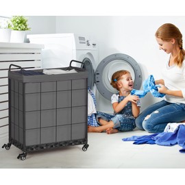 Laundry Hamper with Divided Liner Bag; Collapsible Laundry Basket with Rolling Lockable Wheels; Clothes Hamper with Metal Handle; Laundry Sorter with Removable Liner Bag (Grey)