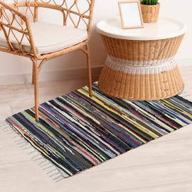 Comfy-co Cotton Chindi Rug with Fringes - Handcrafted Area Rag - Reversible Floor Rug for Bedroom, Living Room, Kitchen, Dorm, Entryway, Hallway - 2x3 ft (24x36 inch) Multi Colored