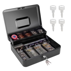 Cash Box with Key Lock, Large Metal Safe Money Organizer - Locking Box for Cash Register Storage - 4 Keys, 11.8"x9.45"x3.54"