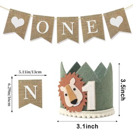 1st Birthday Hat Boy Decorations, Baby First Birthday, Lion Theme Birthday Hat, Crown Hat Birthday Decorations Baby First Suitable for Children's Birthday Party Supplies with Pull Flag Banner 1 Set