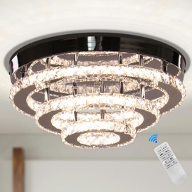 13.7" Dimmable Crystal Chandeliers 3-Tiers Flush Mount Ceiling Lamp Modern Round Ceiling Light Fixture with Remote Controller for Bedroom Dining Room