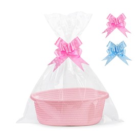 Hojalis Gift Basket, Woven Rope Basket with Cellophane Bags & Pull Bows, Woven Storage Baskets with Handles, Empty Hamper Baskets for Baby Shower, Wedding, Birthday, Easter, Christmas(Pink)
