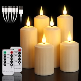 yunsheng Rechargeable Flameless Candles with Remote Timer, in/Outdoor Waterproof LED Flickering Pillar Candles Set of 6 (D2 x H4/5.5/6.5"), Battery Operated Candles Ivory Plastic Roman Column Candles