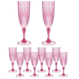 10Pcs Pink Plastic Champagne Flutes 7oz Unbreakable Vintage Embossed Champagne Glasses Disposable Shatterproof Clear Wedding Cocktail Cups for Engagement Birthday Bachelorette Party Thanksgiving