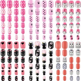 GETUOPT 140 Pieces Children Nails Kids False Nails Girls Cartoon Press on Fake Nails Colorful Pre-Glue Full Cover Nails Cute Short Acrylic Artificial Nail Tips Kits for Kids (Cat)