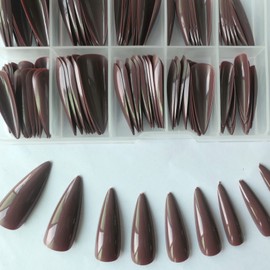 Extra Long stiletto Glossy Fake Nail 100 PCS Full Cover Acrylic Press on Nails Art Tips False Nail for Beginner Women and Girls Manicure (Dark Coffee)