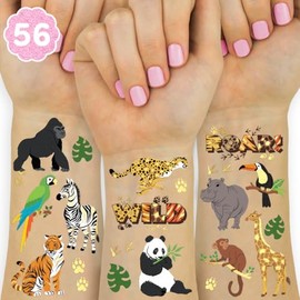 xo, Fetti Tatuajes Temporales De Animales De La Selva - 56 Unidades Con Lámina Dorada | Accesorio Salvaje Para Cumpleaños, Recuerdo Para Despedida De Soltera Estilo Safari, Divertida Actividad Infanti