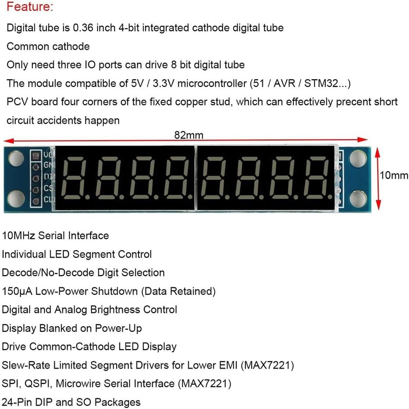 MAX7219 8-Digital Segment Digital LED Display Tube for Arduino 51/AVR/STM32