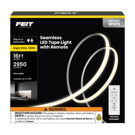 Feit Electric 16ft LED Tape Light, Dimmable, Plug-in/Direct Wire LED Ultrathin Strip Lights for Home, 2950 Lumens, 3000K Bright White, Remote Control Included, 25,000-Hour Lifetime, TAPE192/COB/LED