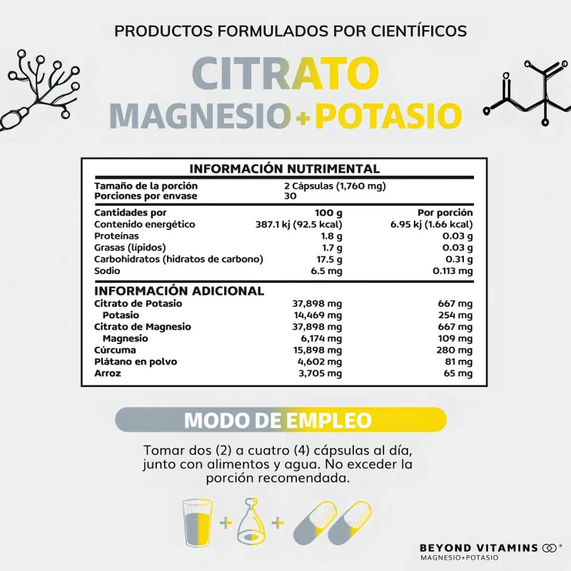 Citrato Magnesio Potasio Beyond Vitamins Plátano Cúrcuma Cápsulas Veganas