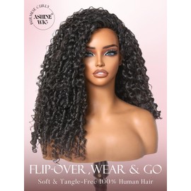 ASHINE Half Wig Human Hair Burmese Curly 180% Density Wear and Go Glueless Wig for Women Flip Over Natural Black 18 Inch with Clips and Drawstring