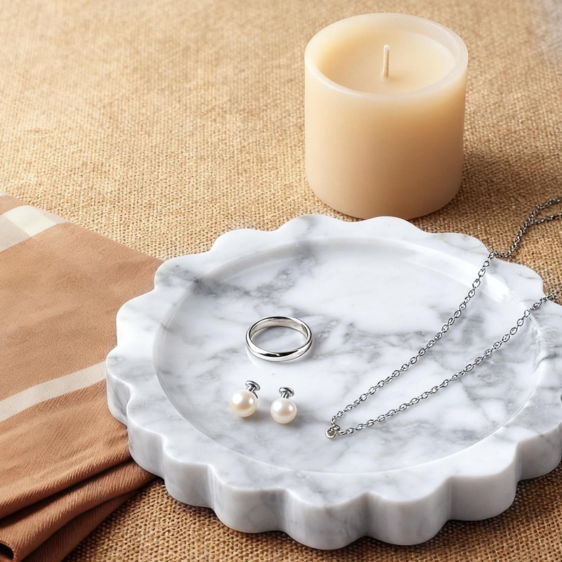 5.5 Inch Round Marble Tray with Scalloped Edge