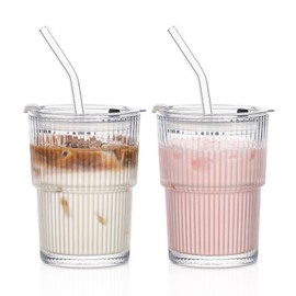 13oz Glass Tumblers with Lids and Straws, Set of 2 - Stylish Ribbed Design Drinking Glasses for Iced Coffee, Juice, Smoothies, Cold Beverages, Includes Cleaning Brush, Durable Glassware