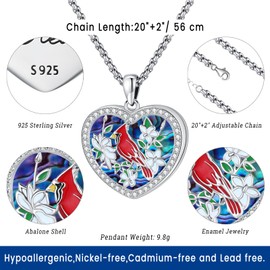 Eusense Heart Locket Necklace women's men memorial photo locket that Hold 2 Pictures Heart Shape cardinal locket Sterling Silver 925 keepsake jewelry red bird relicario para fotos Abalone Shell